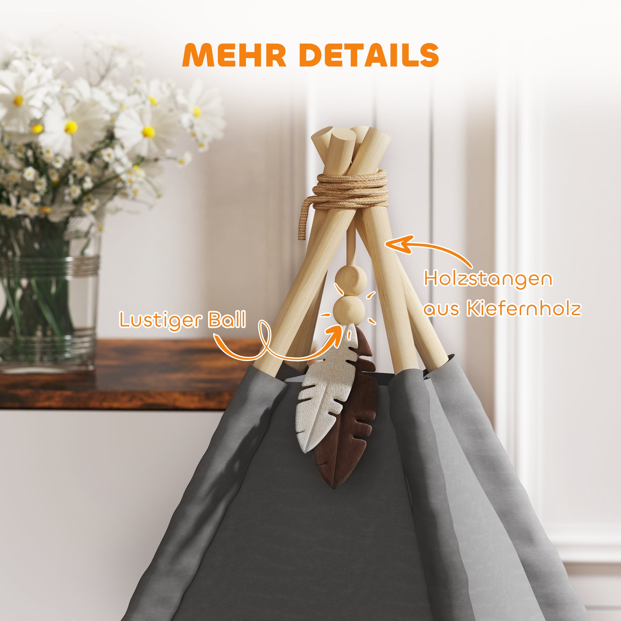 Teepee Tent for Pets, Cat Tent with Removable and Washable Cushion, Cat House with Non-Slip Bottom, Play Ball, for Cats under 5kg, Small Dogs, 60 x 60 x 76 cm, Gray
