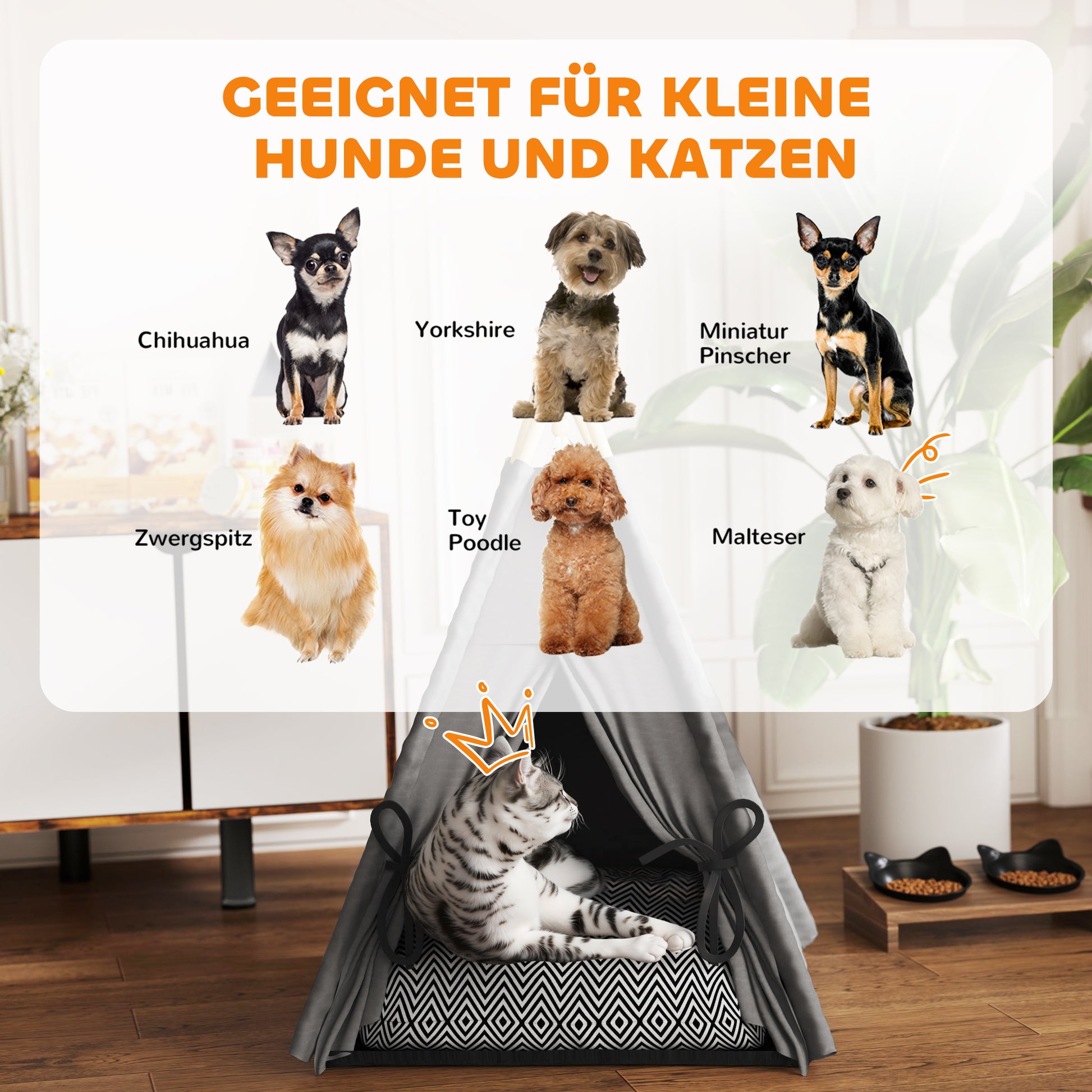 Teepee Tent for Pets, Cat Tent with Removable and Washable Cushion, Cat House with Non-Slip Bottom, Play Ball, for Cats under 5kg, Small Dogs, 60 x 60 x 76 cm, Gray