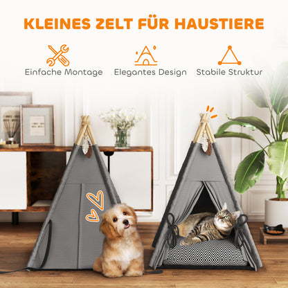 Teepee Tent for Pets, Cat Tent with Removable and Washable Cushion, Cat House with Non-Slip Bottom, Play Ball, for Cats under 5kg, Small Dogs, 60 x 60 x 76 cm, Gray