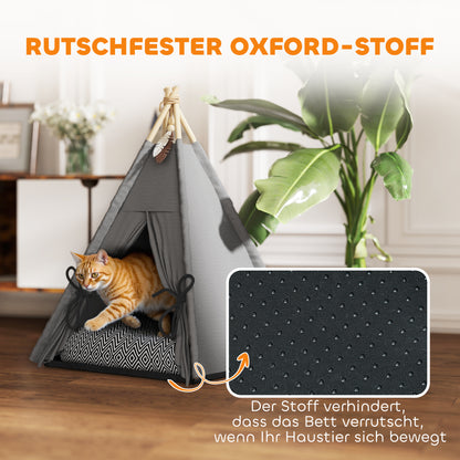 Teepee Tent for Pets, Cat Tent with Removable and Washable Cushion, Cat House with Non-Slip Bottom, Play Ball, for Cats under 5kg, Small Dogs, 60 x 60 x 76 cm, Gray