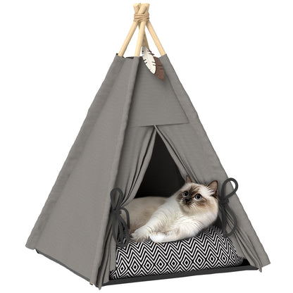 Teepee Tent for Pets, Cat Tent with Removable and Washable Cushion, Cat House with Non-Slip Bottom, Play Ball, for Cats under 5kg, Small Dogs, 60 x 60 x 76 cm, Gray