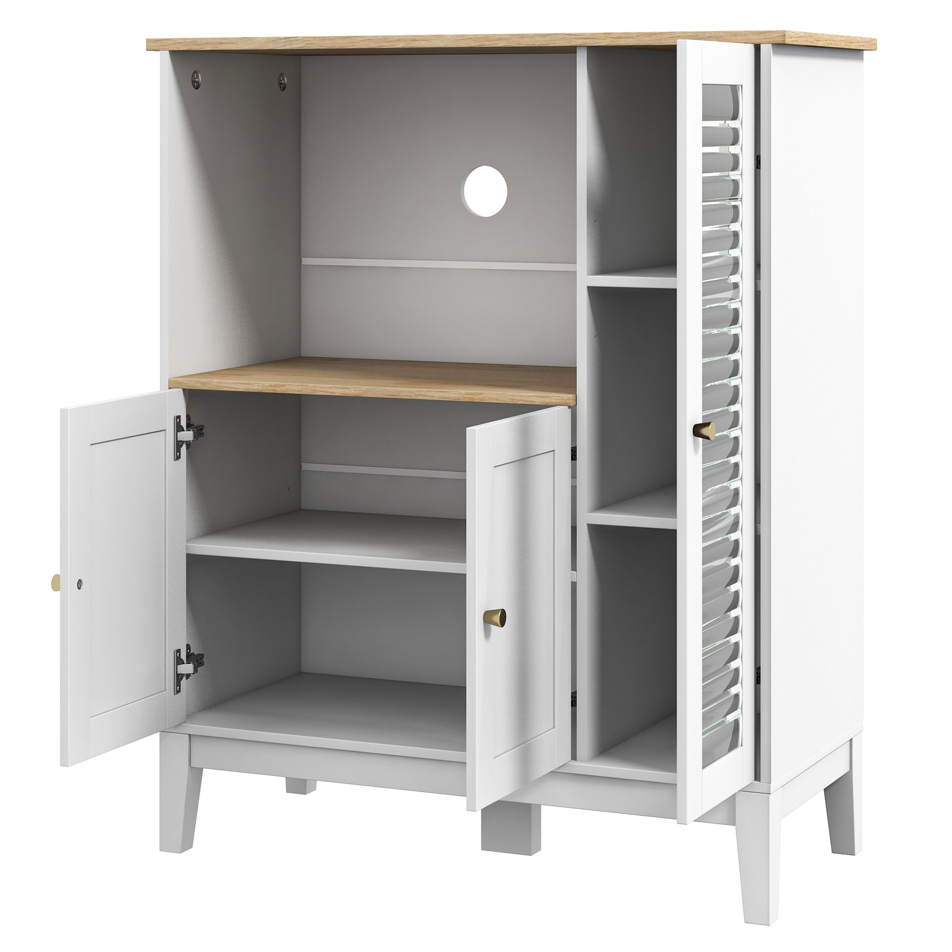 Microwave Cabinet, Kitchen Cupboard, Buffet, with 1 Niche 3 Doors, Cable Routing, for Kitchen, Dining Room, Living Room, 80 x 35 x 97 cm, Tempered Glass, White and Wood Grain Look