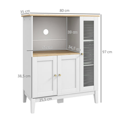 Microwave Cabinet, Kitchen Cupboard, Buffet, with 1 Niche 3 Doors, Cable Routing, for Kitchen, Dining Room, Living Room, 80 x 35 x 97 cm, Tempered Glass, White and Wood Grain Look