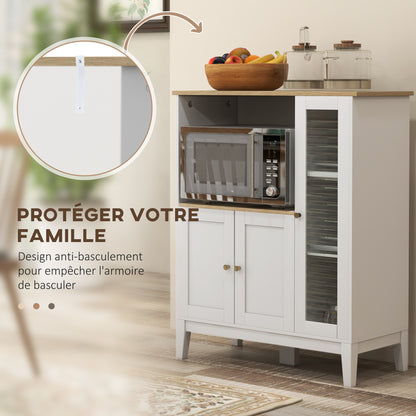 Microwave Cabinet, Kitchen Cupboard, Buffet, with 1 Niche 3 Doors, Cable Routing, for Kitchen, Dining Room, Living Room, 80 x 35 x 97 cm, Tempered Glass, White and Wood Grain Look