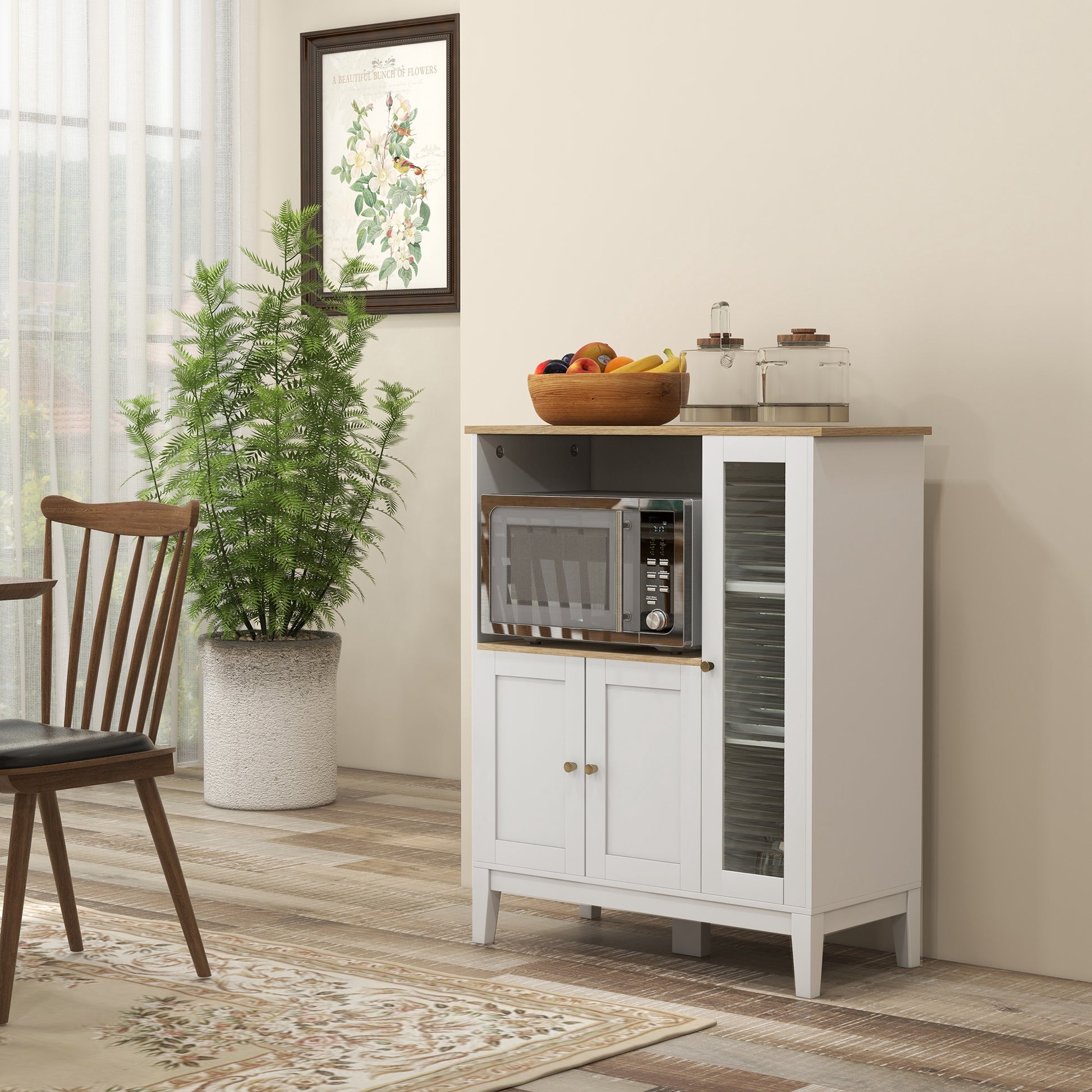Microwave Cabinet, Kitchen Cupboard, Buffet, with 1 Niche 3 Doors, Cable Routing, for Kitchen, Dining Room, Living Room, 80 x 35 x 97 cm, Tempered Glass, White and Wood Grain Look