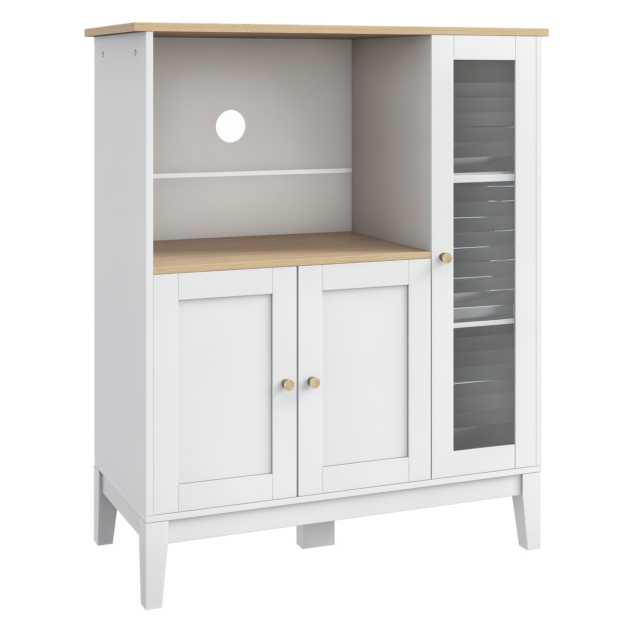 Microwave Cabinet, Kitchen Cupboard, Buffet, with 1 Niche 3 Doors, Cable Routing, for Kitchen, Dining Room, Living Room, 80 x 35 x 97 cm, Tempered Glass, White and Wood Grain Look