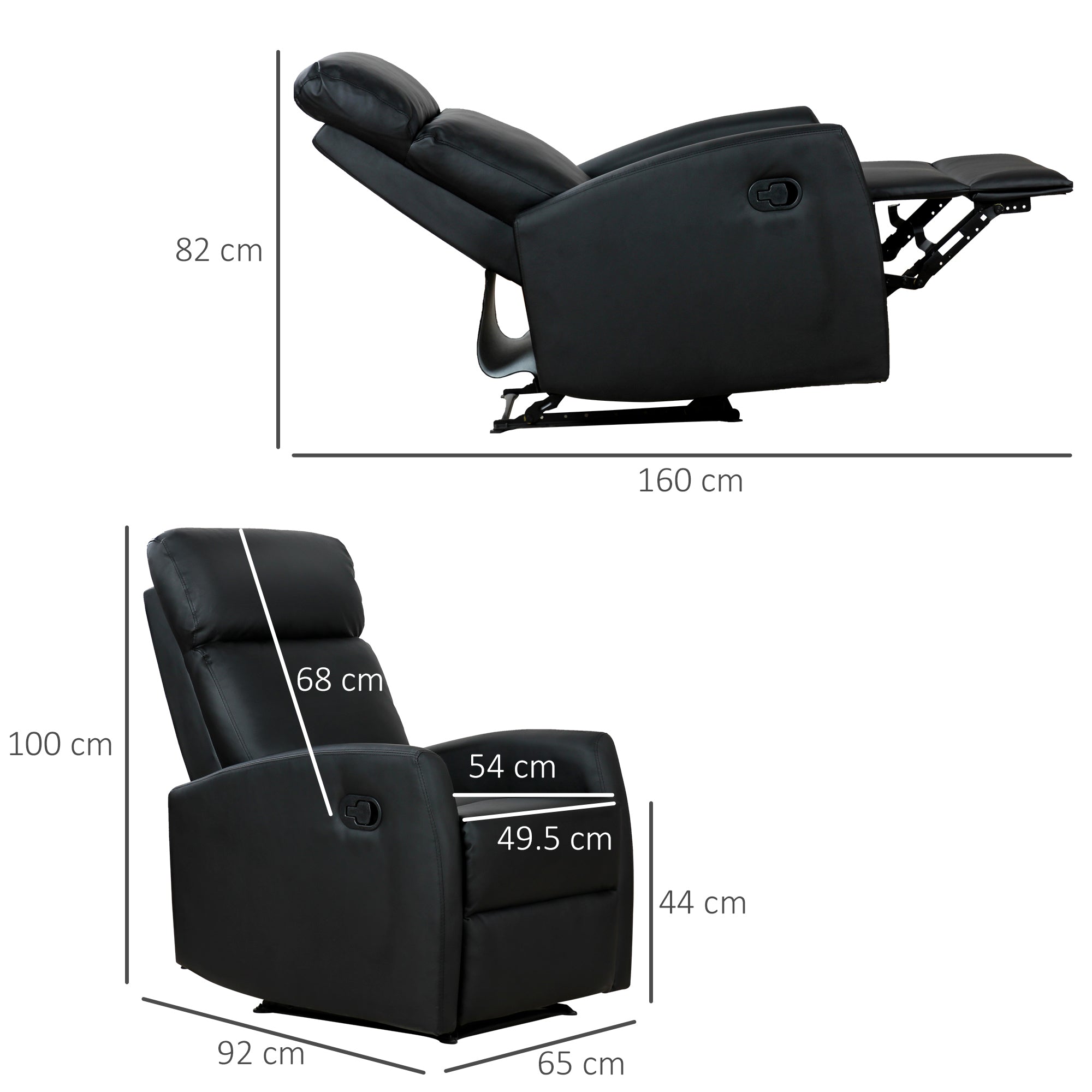 Reclining Relax Armchair, Adjustable and Ergonomic, in PU Leather with Padding, for Home and Office, 65x92x100 cm, Black