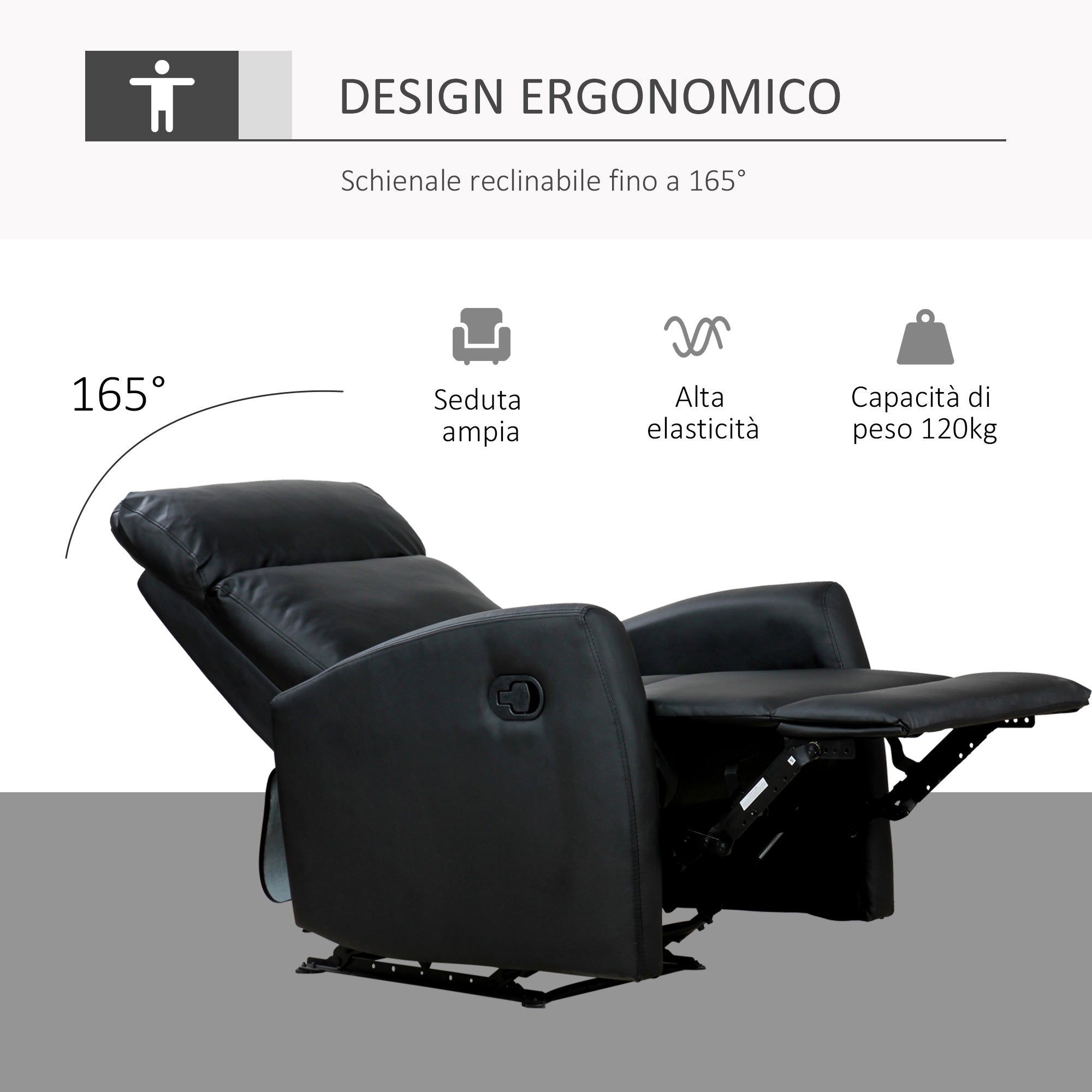 Reclining Relax Armchair, Adjustable and Ergonomic, in PU Leather with Padding, for Home and Office, 65x92x100 cm, Black