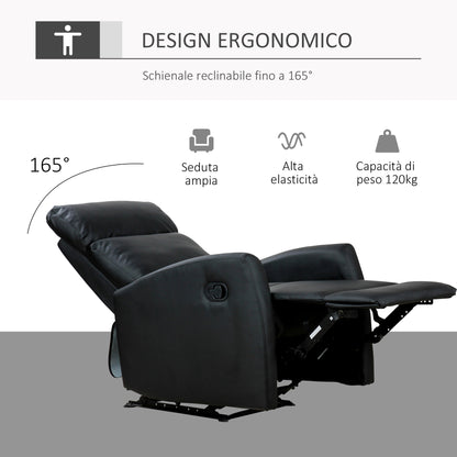 Reclining Relax Armchair, Adjustable and Ergonomic, in PU Leather with Padding, for Home and Office, 65x92x100 cm, Black