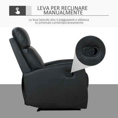 Reclining Relax Armchair, Adjustable and Ergonomic, in PU Leather with Padding, for Home and Office, 65x92x100 cm, Black