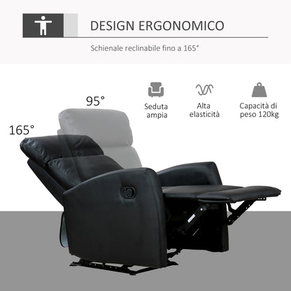 Reclining Relax Armchair, Adjustable and Ergonomic, in PU Leather with Padding, for Home and Office, 65x92x100 cm, Black