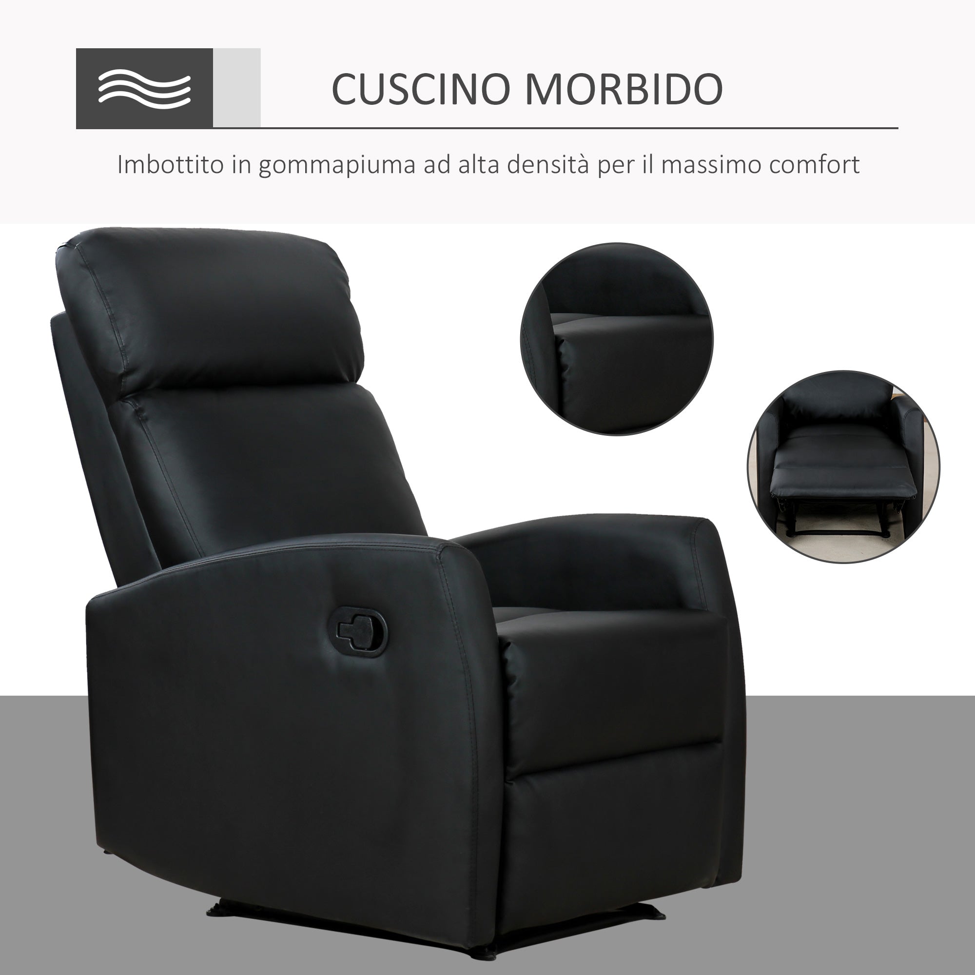 Reclining Relax Armchair, Adjustable and Ergonomic, in PU Leather with Padding, for Home and Office, 65x92x100 cm, Black