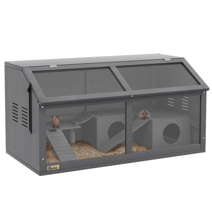 Wooden Dwarf Hamster Cage, 85 x 45 x 44 cm — Small Animal Cage with Top Door, Hanging Bridge, Ladders, House & Feeding Station — Dark Gray