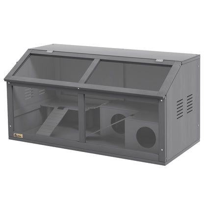 Wooden Dwarf Hamster Cage, 85 x 45 x 44 cm — Small Animal Cage with Top Door, Hanging Bridge, Ladders, House & Feeding Station — Dark Gray