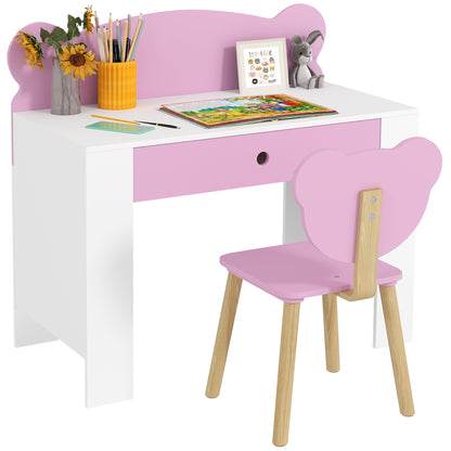 Kids Desk Set with Desktop & Drawer Kids Desk and Chair with Bear Shape Student Desk Kids Table Youth Desk for Boys & Girls Pink