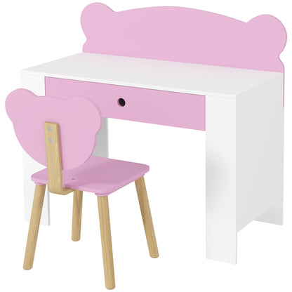Kids Desk Set with Desktop & Drawer Kids Desk and Chair with Bear Shape Student Desk Kids Table Youth Desk for Boys & Girls Pink