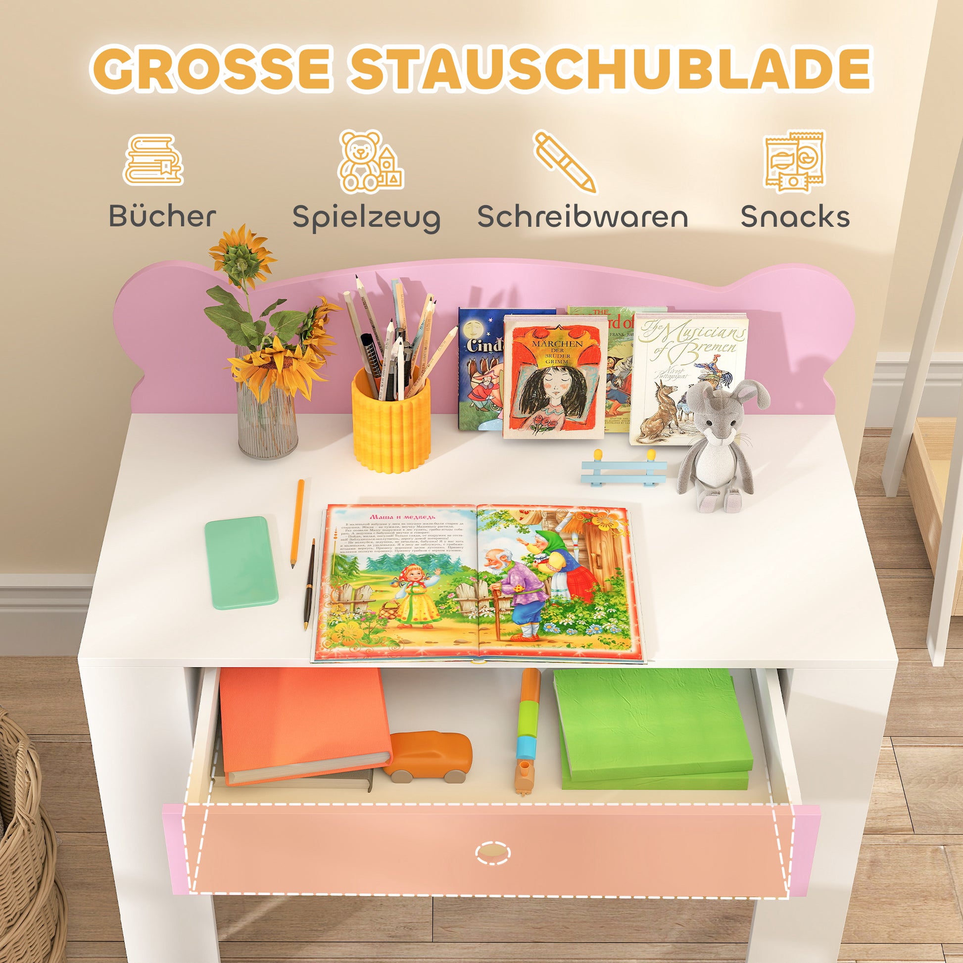 Kids Desk Set with Desktop & Drawer Kids Desk and Chair with Bear Shape Student Desk Kids Table Youth Desk for Boys & Girls Pink