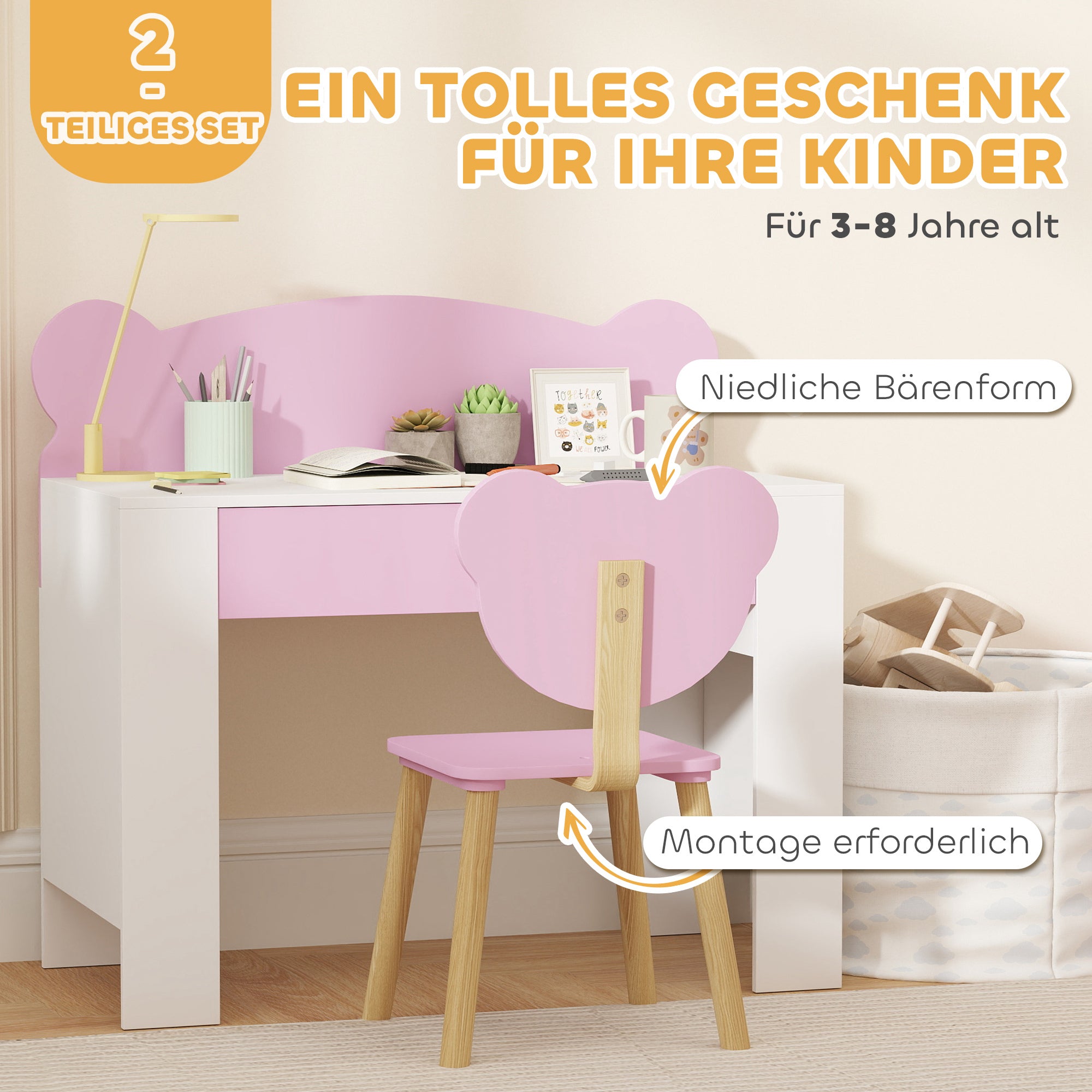 Kids Desk Set with Desktop & Drawer Kids Desk and Chair with Bear Shape Student Desk Kids Table Youth Desk for Boys & Girls Pink