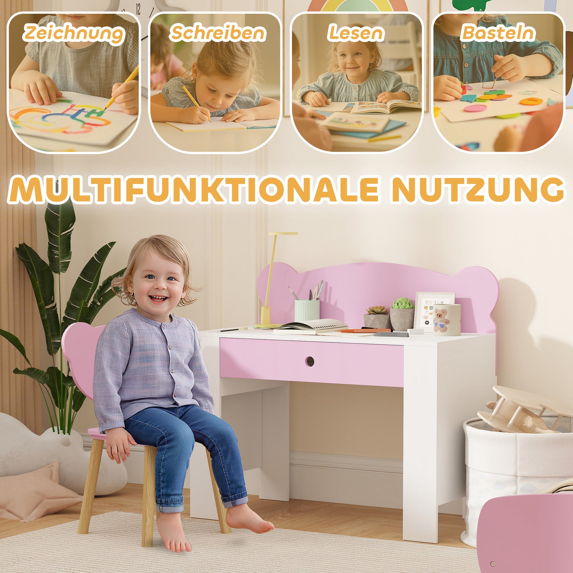 Kids Desk Set with Desktop & Drawer Kids Desk and Chair with Bear Shape Student Desk Kids Table Youth Desk for Boys & Girls Pink