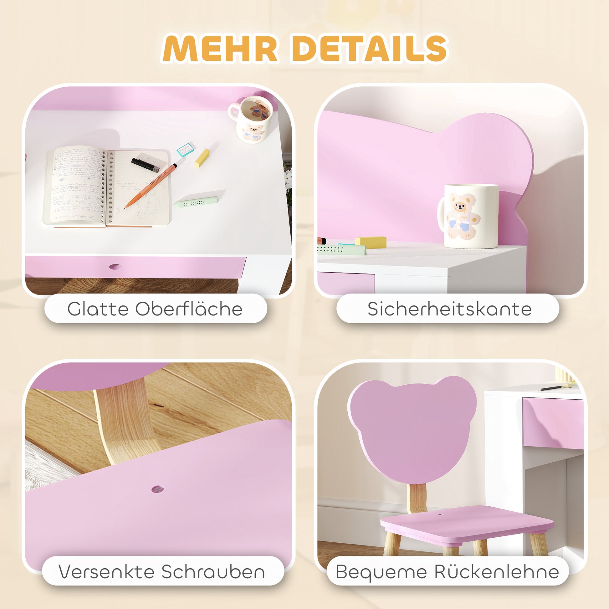 Kids Desk Set with Desktop & Drawer Kids Desk and Chair with Bear Shape Student Desk Kids Table Youth Desk for Boys & Girls Pink