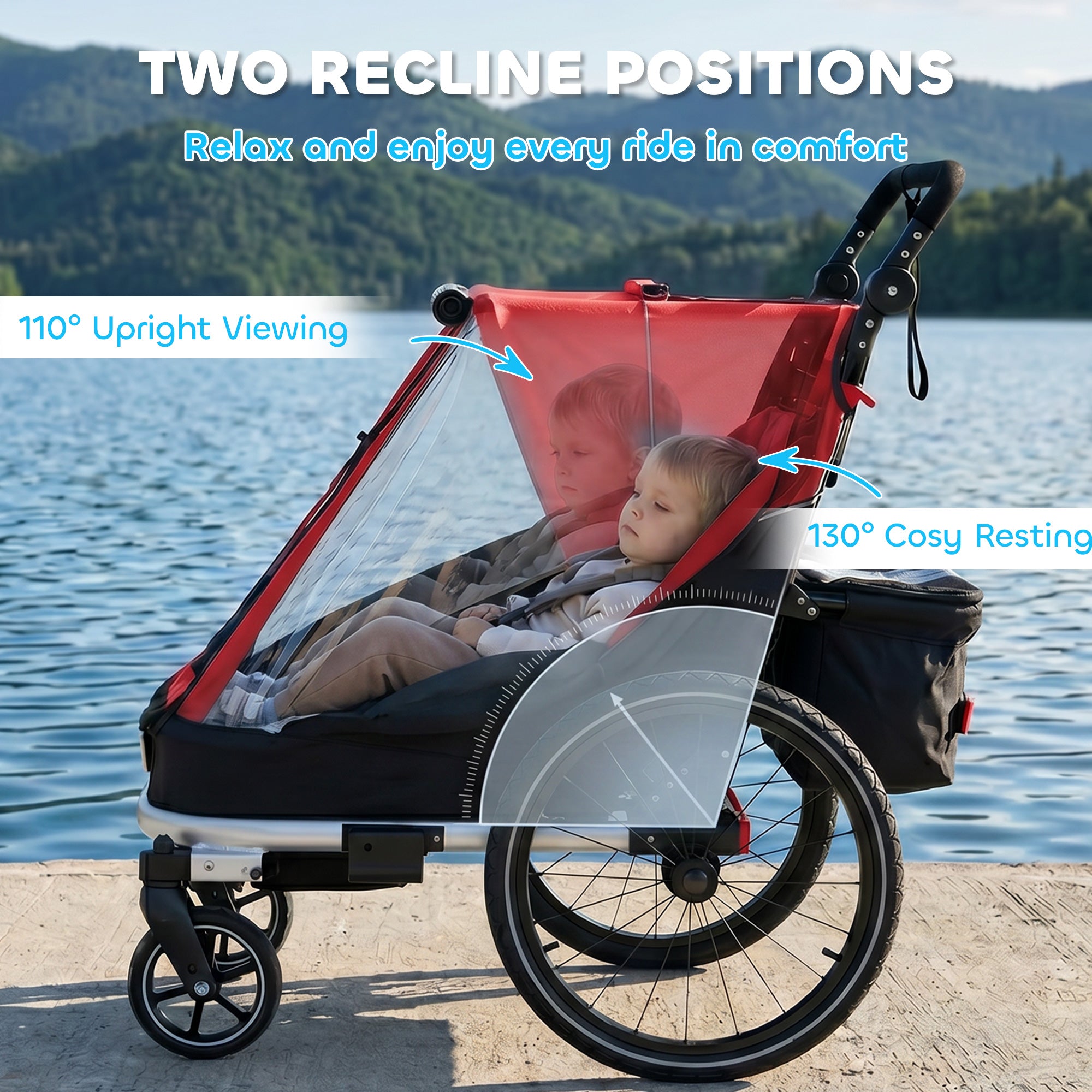2-in-1 Bike Trailer & Stroller, 2-Seater Foldable Child Bike Trailer with 5-Point Harness and Safety Flag — for Children from 12 Months, Max 18 kg (39.7 lb)
