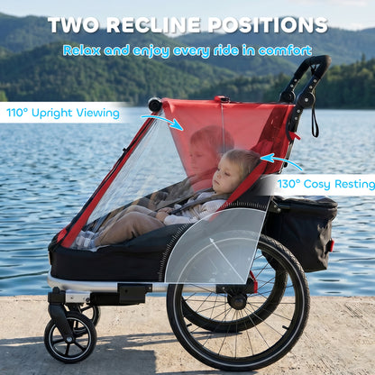 2-in-1 Bike Trailer & Stroller, 2-Seater Foldable Child Bike Trailer with 5-Point Harness and Safety Flag — for Children from 12 Months, Max 18 kg (39.7 lb)