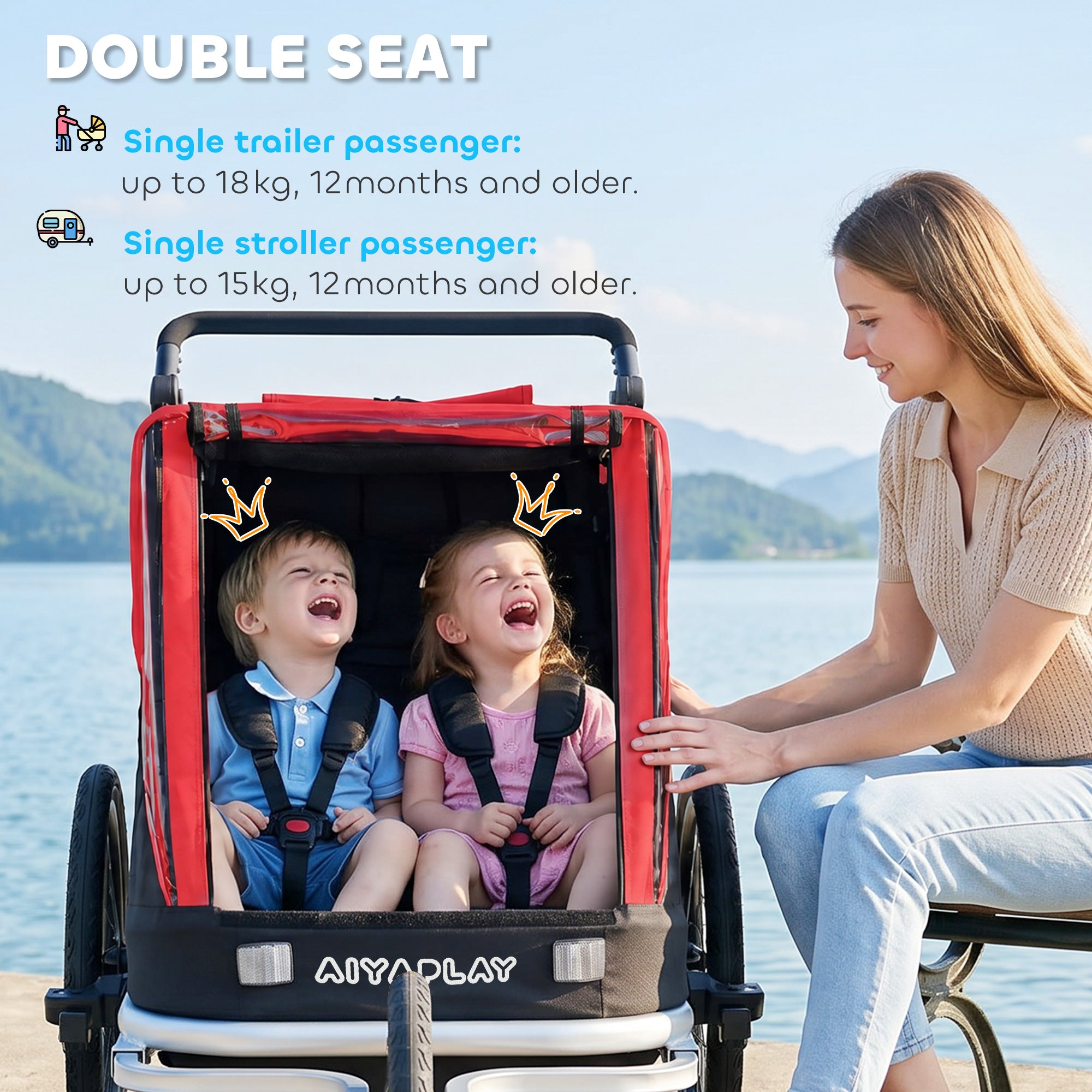 2-in-1 Bike Trailer & Stroller, 2-Seater Foldable Child Bike Trailer with 5-Point Harness and Safety Flag — for Children from 12 Months, Max 18 kg (39.7 lb)
