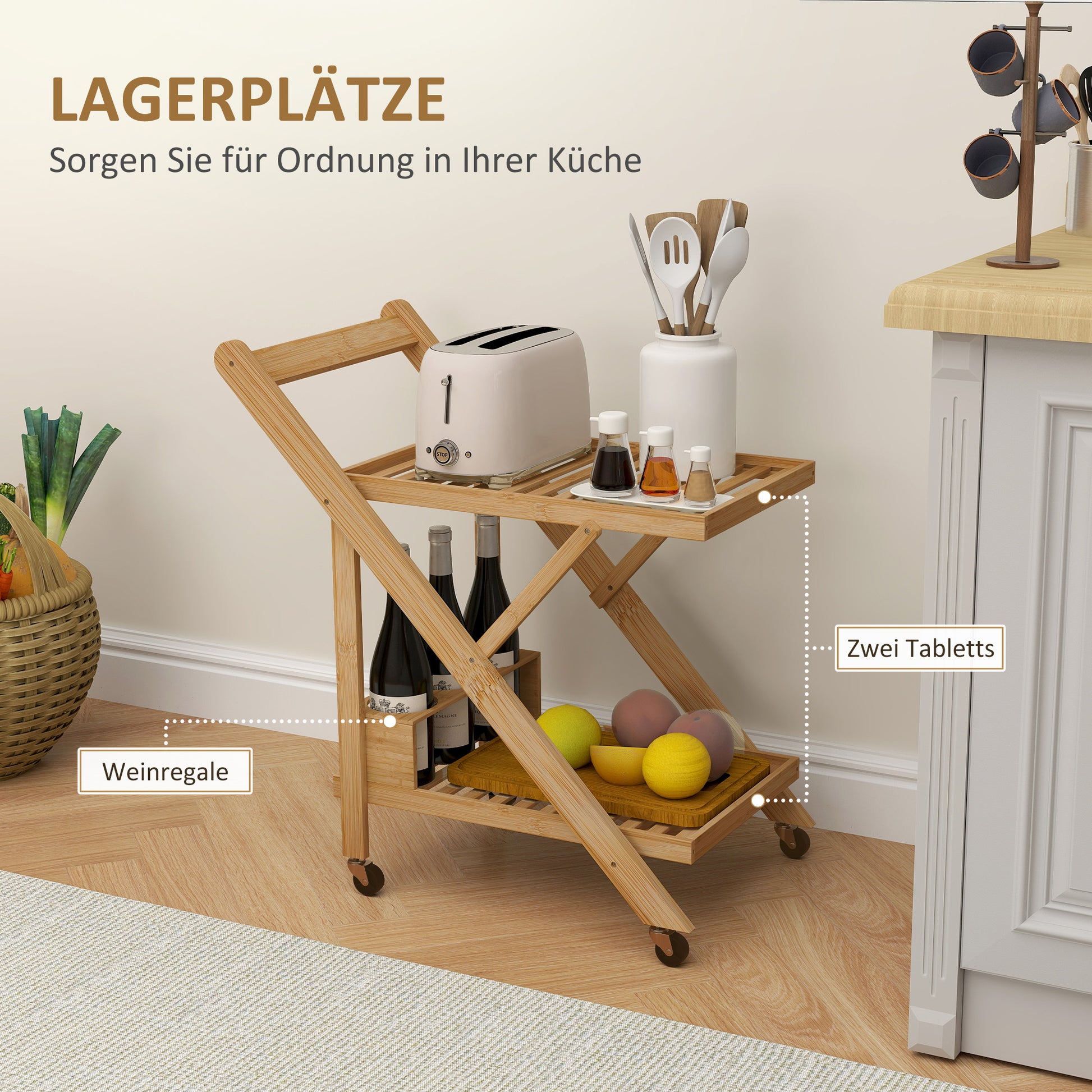 Kitchen Trolley Serving Trolley with 2 Levels, Trolley with Wine Rack, Worktop, Handle Kitchen Shelf on Wheels, Foldable Multifunction Trolley for Office, Kitchen, 66 x 40 x 70 cm, Bamboo, Natural
