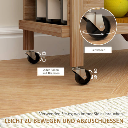 Kitchen Trolley Serving Trolley with 2 Levels, Trolley with Wine Rack, Worktop, Handle Kitchen Shelf on Wheels, Foldable Multifunction Trolley for Office, Kitchen, 66 x 40 x 70 cm, Bamboo, Natural