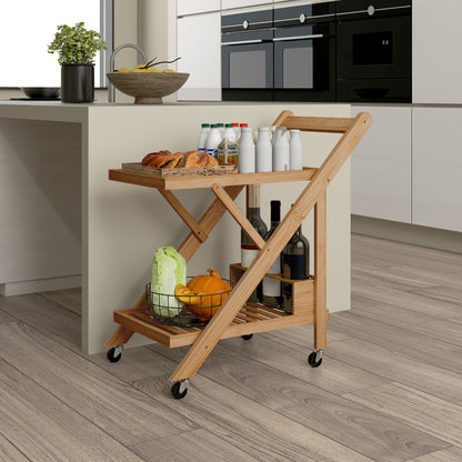 Kitchen Trolley Serving Trolley with 2 Levels, Trolley with Wine Rack, Worktop, Handle Kitchen Shelf on Wheels, Foldable Multifunction Trolley for Office, Kitchen, 66 x 40 x 70 cm, Bamboo, Natural