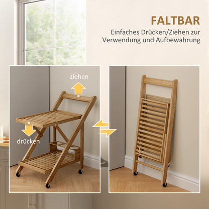 Kitchen Trolley Serving Trolley with 2 Levels, Trolley with Wine Rack, Worktop, Handle Kitchen Shelf on Wheels, Foldable Multifunction Trolley for Office, Kitchen, 66 x 40 x 70 cm, Bamboo, Natural