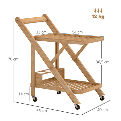 Kitchen Trolley Serving Trolley with 2 Levels, Trolley with Wine Rack, Worktop, Handle Kitchen Shelf on Wheels, Foldable Multifunction Trolley for Office, Kitchen, 66 x 40 x 70 cm, Bamboo, Natural