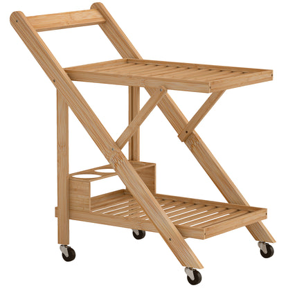Kitchen Trolley Serving Trolley with 2 Levels, Trolley with Wine Rack, Worktop, Handle Kitchen Shelf on Wheels, Foldable Multifunction Trolley for Office, Kitchen, 66 x 40 x 70 cm, Bamboo, Natural