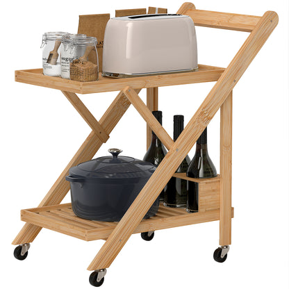 Kitchen Trolley Serving Trolley with 2 Levels, Trolley with Wine Rack, Worktop, Handle Kitchen Shelf on Wheels, Foldable Multifunction Trolley for Office, Kitchen, 66 x 40 x 70 cm, Bamboo, Natural