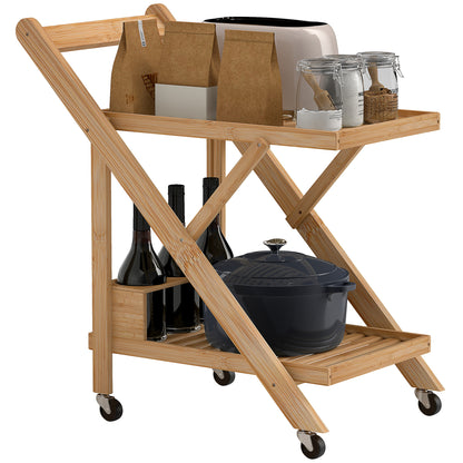 Kitchen Trolley Serving Trolley with 2 Levels, Trolley with Wine Rack, Worktop, Handle Kitchen Shelf on Wheels, Foldable Multifunction Trolley for Office, Kitchen, 66 x 40 x 70 cm, Bamboo, Natural