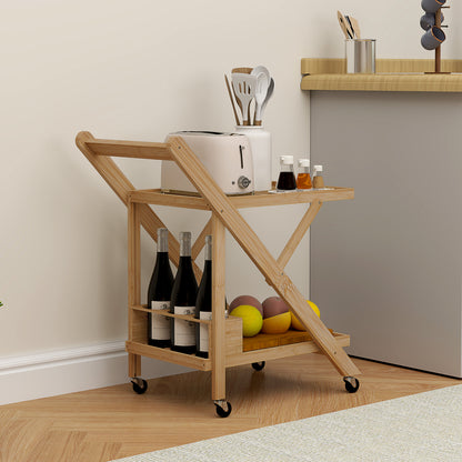 Kitchen Trolley Serving Trolley with 2 Levels, Trolley with Wine Rack, Worktop, Handle Kitchen Shelf on Wheels, Foldable Multifunction Trolley for Office, Kitchen, 66 x 40 x 70 cm, Bamboo, Natural