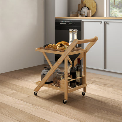 Kitchen Trolley Serving Trolley with 2 Levels, Trolley with Wine Rack, Worktop, Handle Kitchen Shelf on Wheels, Foldable Multifunction Trolley for Office, Kitchen, 66 x 40 x 70 cm, Bamboo, Natural