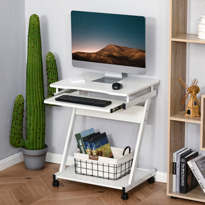 Rolling Computer Desk - Mobile Desk - Computer Table - Sliding Keyboard Shelf + Shelf - White