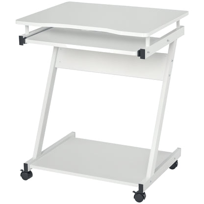 Rolling Computer Desk - Mobile Desk - Computer Table - Sliding Keyboard Shelf + Shelf - White