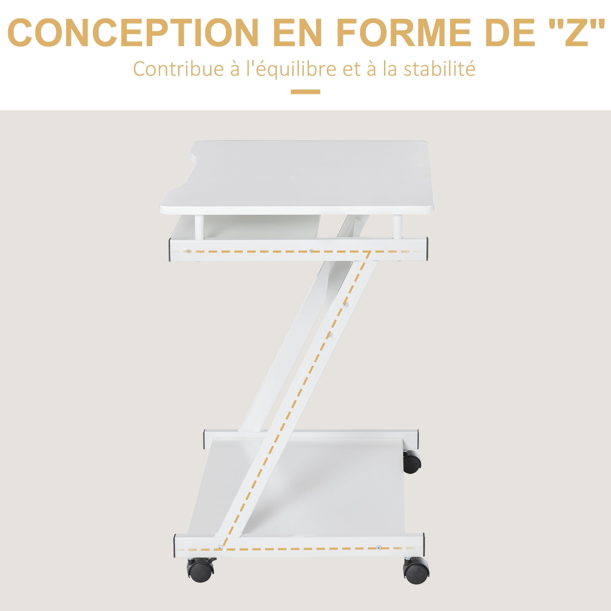 Rolling Computer Desk - Mobile Desk - Computer Table - Sliding Keyboard Shelf + Shelf - White