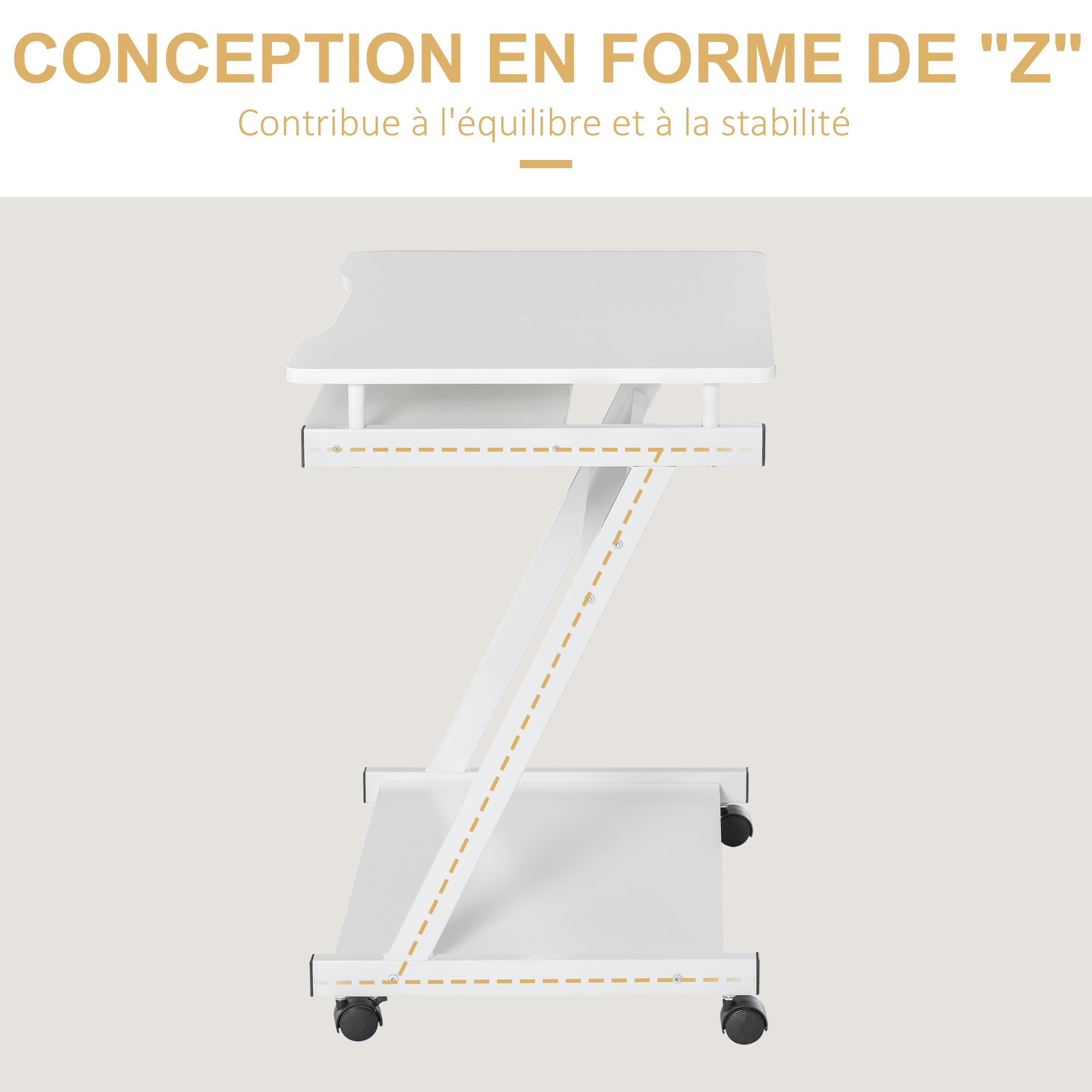 Rolling Computer Desk - Mobile Desk - Computer Table - Sliding Keyboard Shelf + Shelf - White