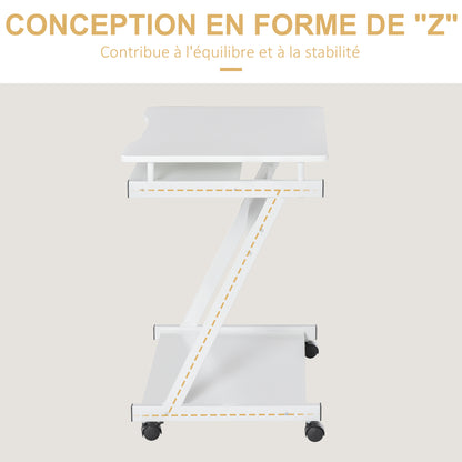 Rolling Computer Desk - Mobile Desk - Computer Table - Sliding Keyboard Shelf + Shelf - White