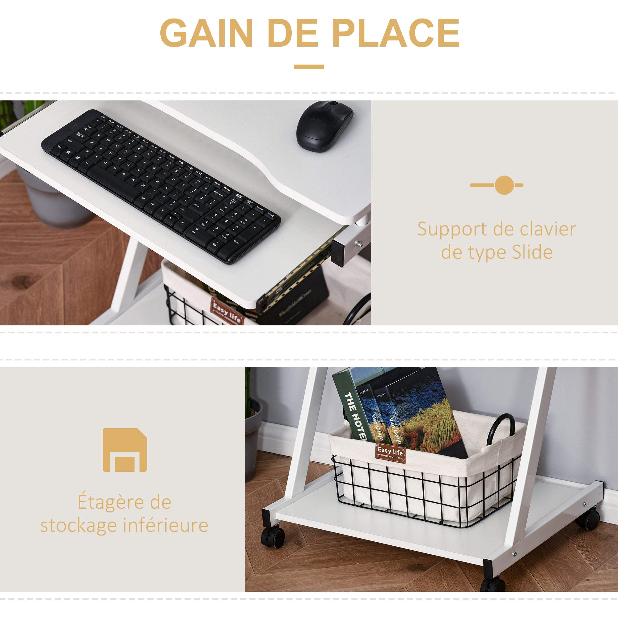 Rolling Computer Desk - Mobile Desk - Computer Table - Sliding Keyboard Shelf + Shelf - White