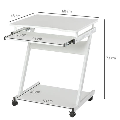 Rolling Computer Desk - Mobile Desk - Computer Table - Sliding Keyboard Shelf + Shelf - White