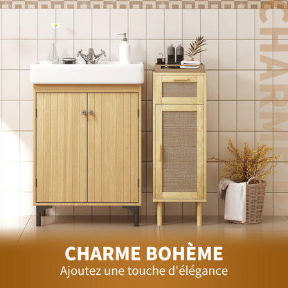 Bathroom Storage Cabinet, Bohemian Style Storage Cabinet with Drawer and Cupboard, Adjustable Shelves, Rattan Door, Cabinet for Bathroom, Living Room, Kitchen - 32 x 30 x 92 cm, Oak