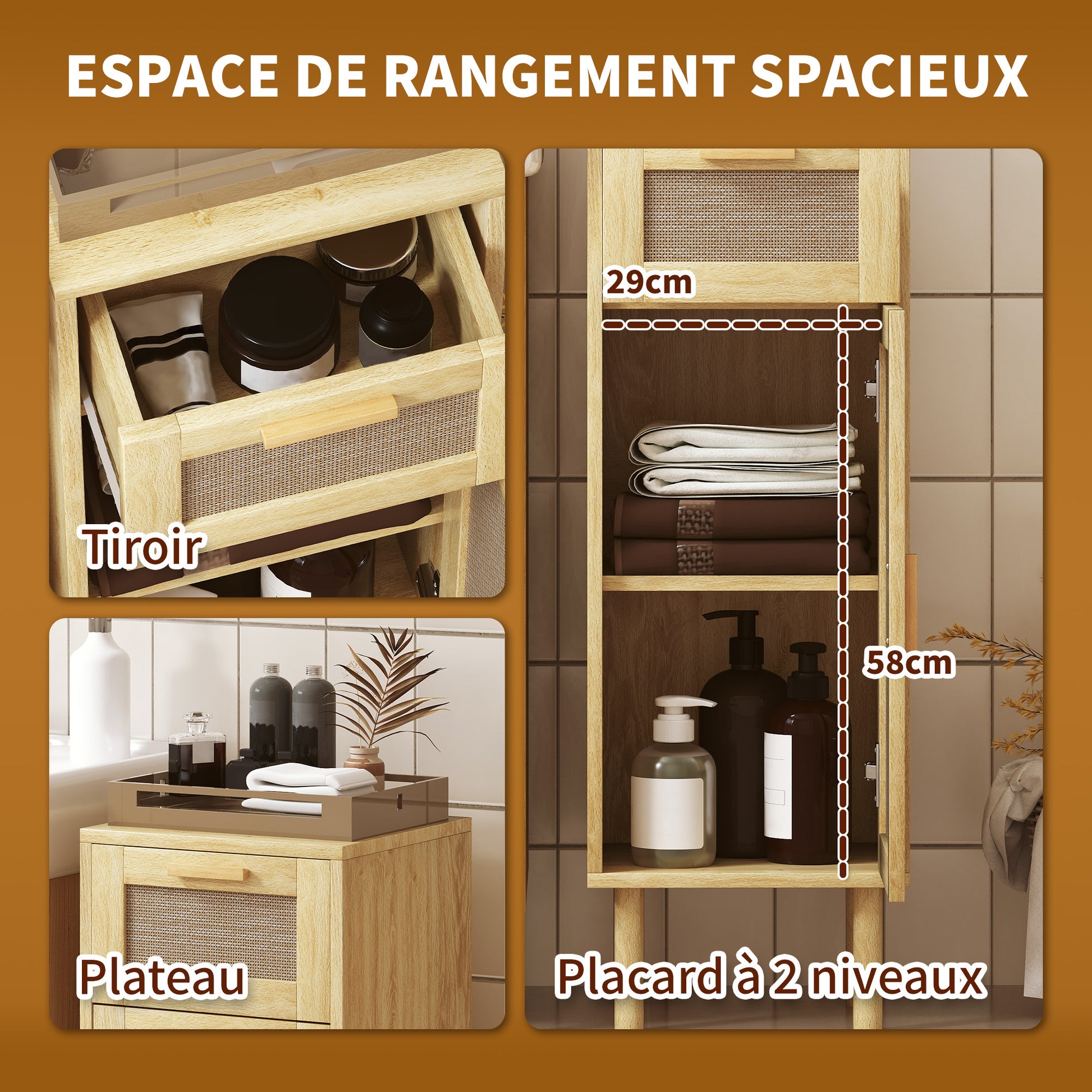 Bathroom Storage Cabinet, Bohemian Style Storage Cabinet with Drawer and Cupboard, Adjustable Shelves, Rattan Door, Cabinet for Bathroom, Living Room, Kitchen - 32 x 30 x 92 cm, Oak