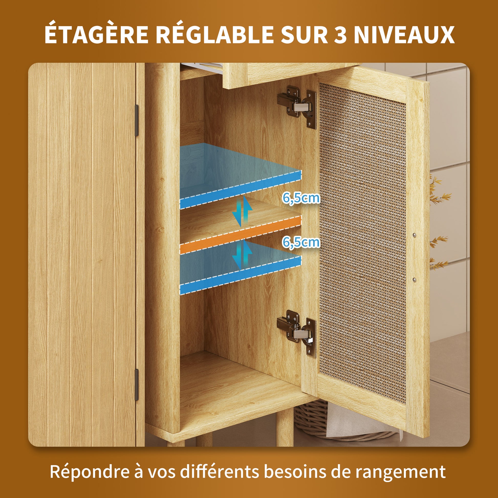 Bathroom Storage Cabinet, Bohemian Style Storage Cabinet with Drawer and Cupboard, Adjustable Shelves, Rattan Door, Cabinet for Bathroom, Living Room, Kitchen - 32 x 30 x 92 cm, Oak