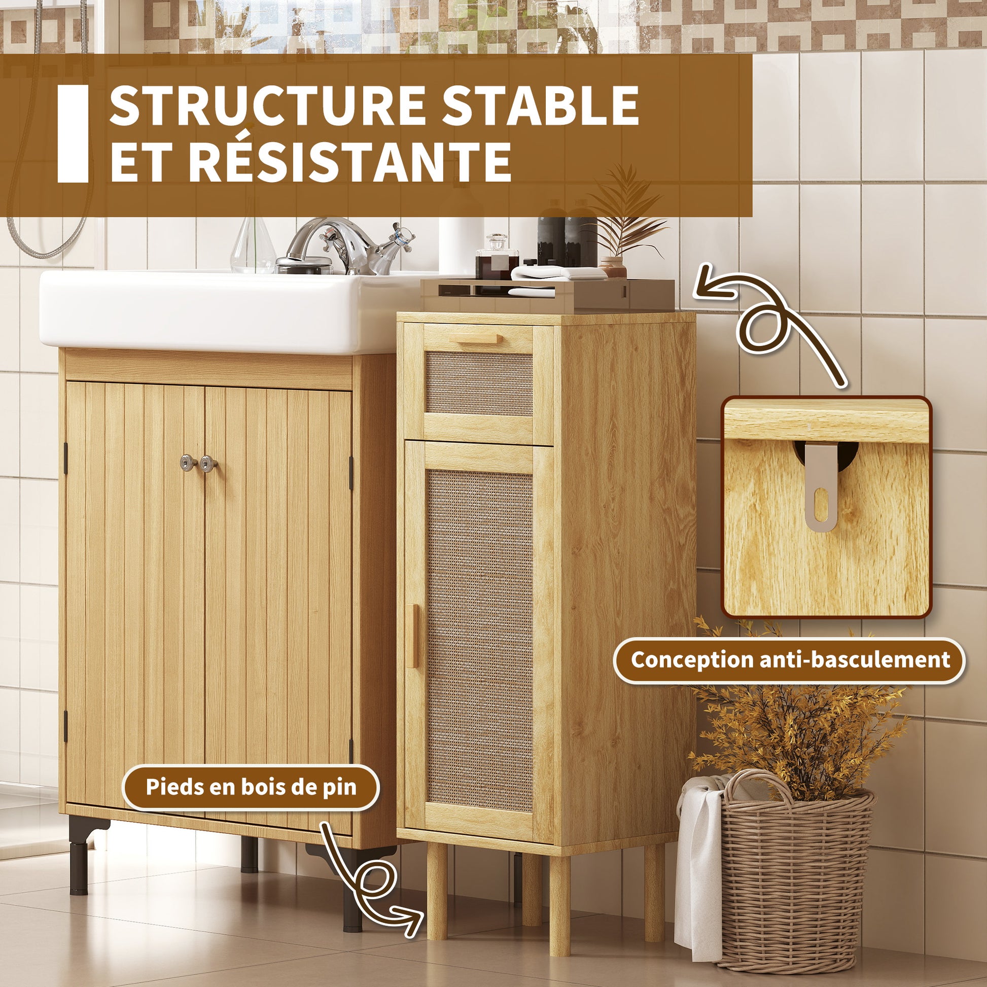 Bathroom Storage Cabinet, Bohemian Style Storage Cabinet with Drawer and Cupboard, Adjustable Shelves, Rattan Door, Cabinet for Bathroom, Living Room, Kitchen - 32 x 30 x 92 cm, Oak