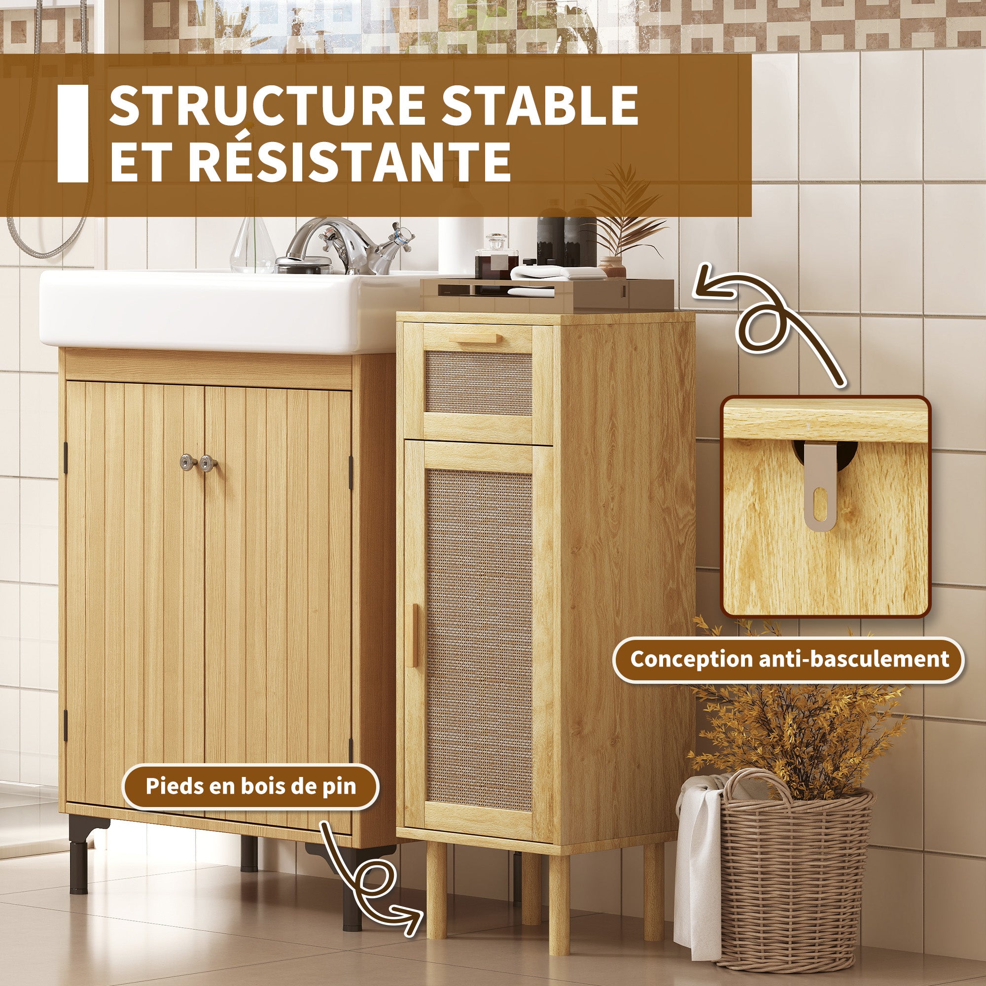Bathroom Storage Cabinet, Bohemian Style Storage Cabinet with Drawer and Cupboard, Adjustable Shelves, Rattan Door, Cabinet for Bathroom, Living Room, Kitchen - 32 x 30 x 92 cm, Oak