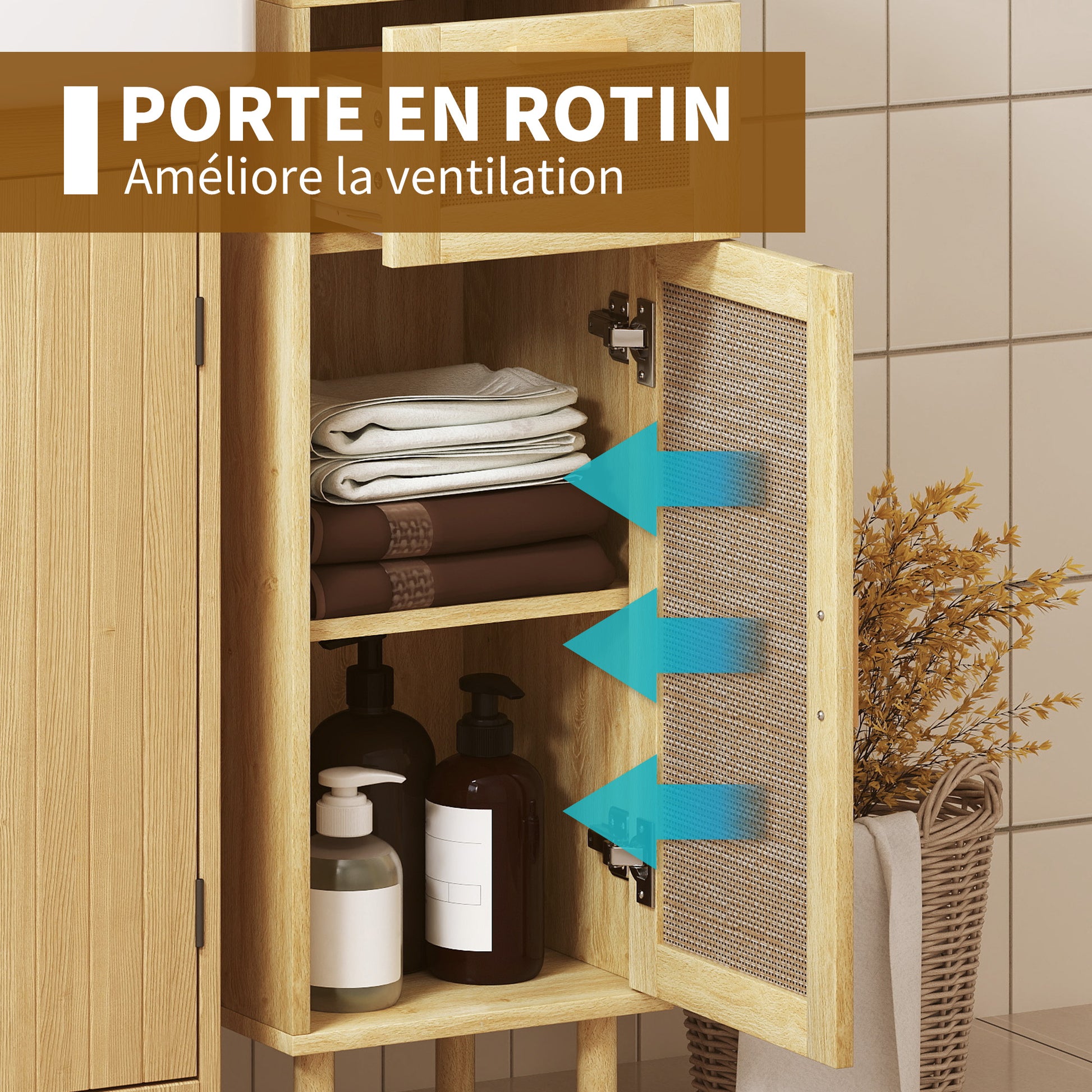Bathroom Storage Cabinet, Bohemian Style Storage Cabinet with Drawer and Cupboard, Adjustable Shelves, Rattan Door, Cabinet for Bathroom, Living Room, Kitchen - 32 x 30 x 92 cm, Oak
